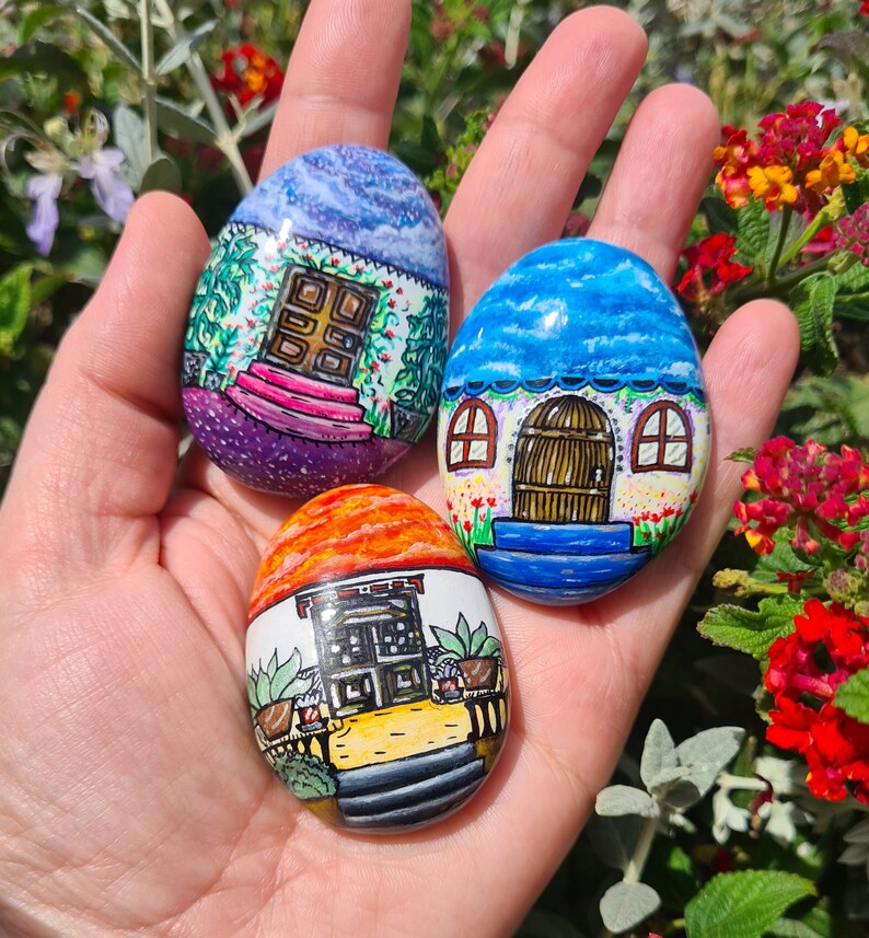 3 Hand Painted rocks stonesrock paintingpebble artgarden image 0