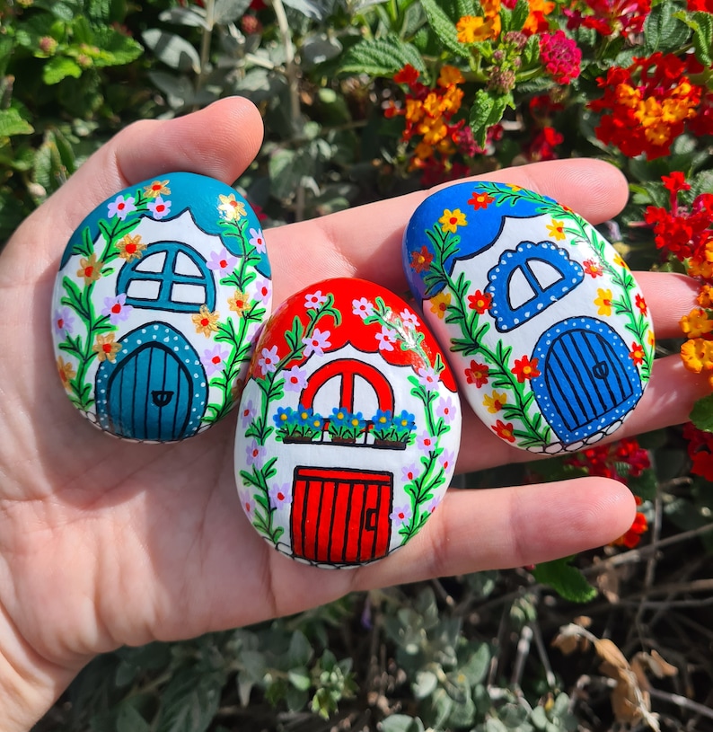 3 Hand Painted rocks stonesrock paintingpebble artgarden image 0