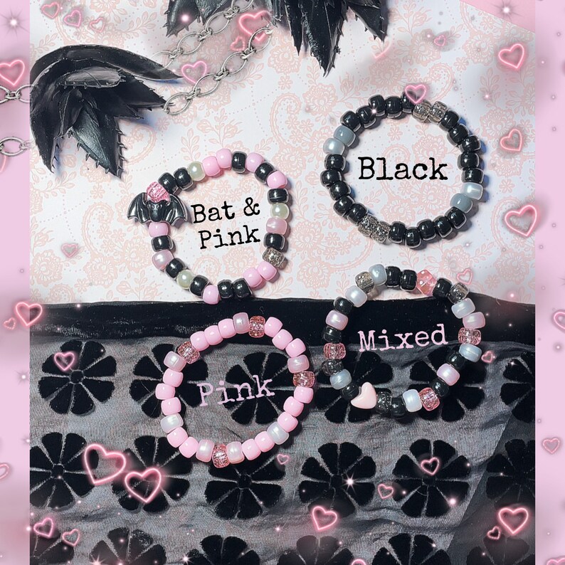 Pastel Goth Fashion Kandi Beaded Bracelet Set Pink and Black Vampire