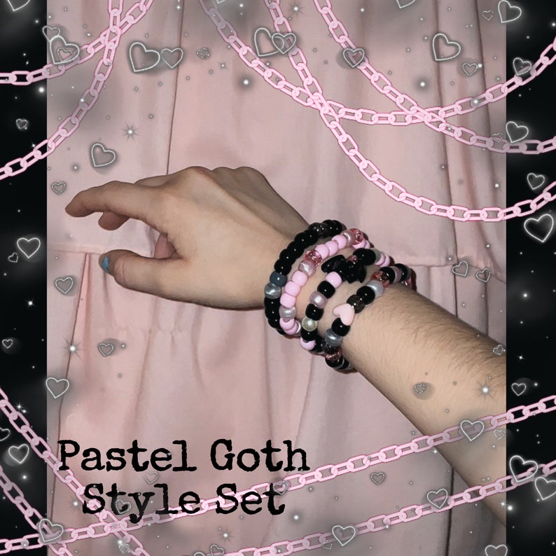 Pastel Goth Fashion Kandi Beaded Bracelet Set Pink and Black Vampire