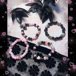 Pastel Goth Fashion Kandi Beaded Bracelet Set- Pink and black-  vampire vibes - Lolita style - pastel goth jewelry- emo jewelry-