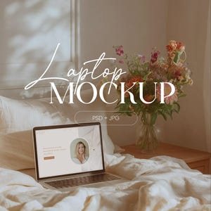 Boho Laptop Mockup | Linen Bed, Floral Scene (PSD Template)