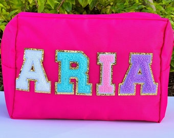 Extra large Nylon bag with patches, personalized bag, travel bag personalized, cosmetic bag, patch iron on, bridal gift, letter size 3.14''