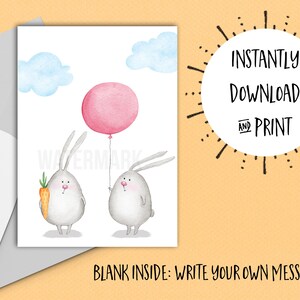 Printable Card, Blank Printable Card, Cute Bunny Card, Instant PDF Download, Any Occassion Card, 5x7, A7