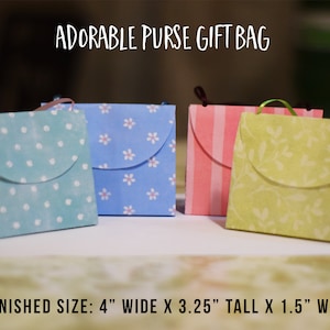 May include: Four small, decorative purse-shaped gift bags in various colors: light blue with white polka dots, blue with white flowers, pink with stripes, and yellow-green with a leaf pattern. The bags are 4 inches wide, 3.25 inches tall, and 1.5 inches wide. Text reads: ADORABLE PURSE GIFT BAG.