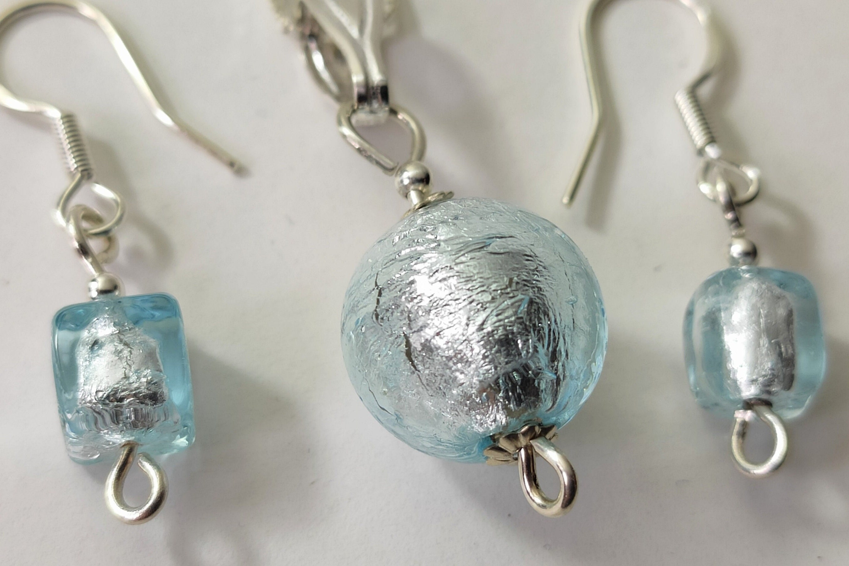 Parure Pendentif Et Boucles D'oreilles Argent Et Murano - Occasion, Belle Qualité