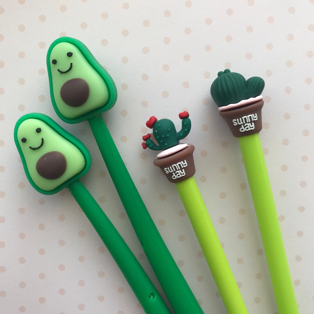 Set of 4 Avocado Cactus Gel Ink Pens 0.5mm Black Avocado Pens Cactus