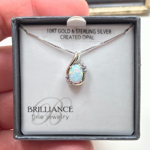 925 Silver / 10k Solid Yellow Gold Genuine Opal & Diamond Necklace (18 inch) IOB