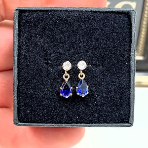 10k Solid Yellow Gold Genuine Blue Topaz & CZ Stud Earrings (.50 inch)
