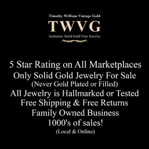 May include: Black background with gold text. The text reads "Timothy William Vintage Gold" and "TWVG Authentic Solid Gold Fine Jewelry." Additional text includes "5 Star Rating on All Marketplaces" and "Only Solid Gold Jewelry For Sale."