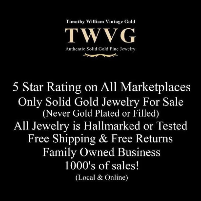May include: Black background with gold text. The text reads "Timothy William Vintage Gold" and "TWVG Authentic Solid Gold Fine Jewelry." Additional text includes "5 Star Rating on All Marketplaces" and "Only Solid Gold Jewelry For Sale."
