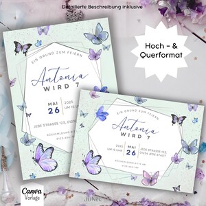 Invito di compleanno a forma di farfalla, modello Canva modificabile, download immediato, bambina, festa per bambini, blu, personalizzabile, compleanno per bambini