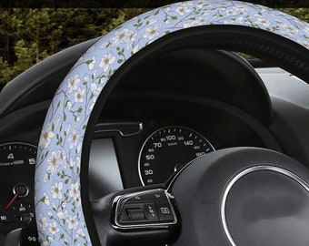 Blue Steering wheel cover, Floral Car Steeringwheel, head rest seatbelt car seat belt, Retro decor accesories full set, cute gift for women