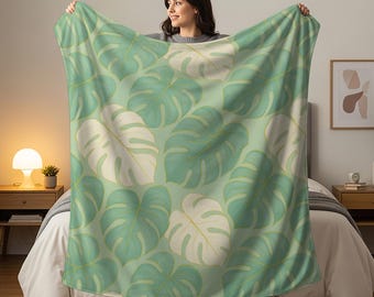 Monstera Blatt Decke, Salbei Grün Flanell, Botanischer Druck