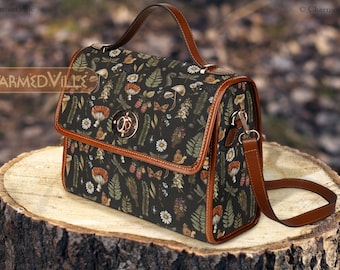 Mushroom shoulder bag, Cottagecore satchel with vegan leather strap, witchy forest goth, Large crossbody messenger, hand bag/purse for women