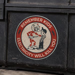 Reddy Kilowatt Stickers, Electricity will kill you! Remember kids, Reddy kilowatt with a knife . Funny hard hat sticker for electricians