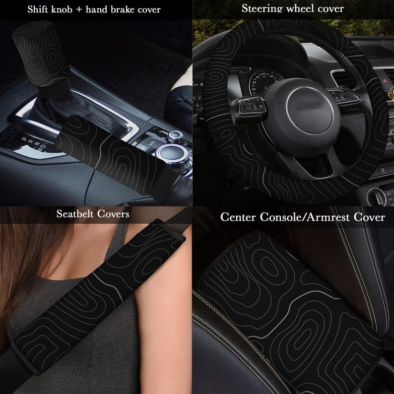 Peut inclure: Ensemble d'accessoires int&eacute;rieurs de voiture noirs. Comprend un pommeau de levier de vitesses et un couvre-frein &agrave; main, un couvre-volant, des couvre-ceintures de s&eacute;curit&eacute; et un couvre-accoudoir central. Motif topographique blanc sur fond noir.