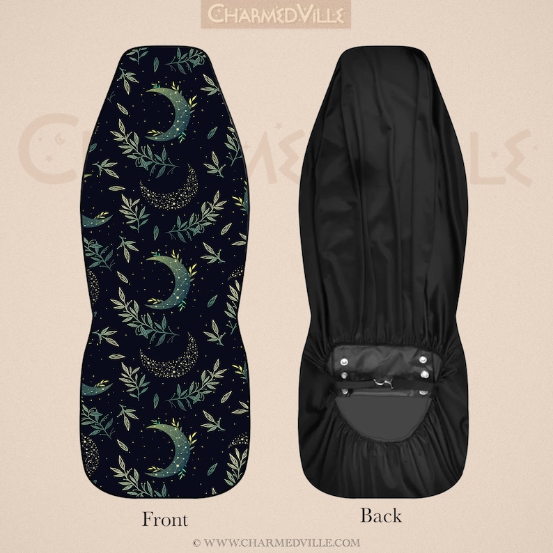 May include: A black and green patterned chair seat cover with a crescent moon and stars design. The back of the cover is plain black.