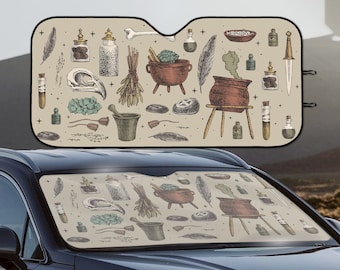Witchy Auto-Sonnenschutz, Beige Windschutzscheiben-Sonnenschutz, niedlicher UV-Schutz-Sichtschutz, Boho-Dekor für LKW / SUV / Fahrzeug, großes Fenstervisier-Abdeckungsgeschenk