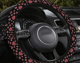 Steering Wheel Cover anime, Seat Covers Full set for vehicle/truck/suv, head rest/steering wheel/seat belt, Black Red, Car accessories gift