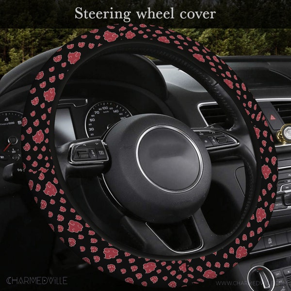 Steering Wheel Cover anime, Seat Covers Full set for vehicle/truck/suv, head rest/steering wheel/seat belt, Black Red, Car accessories gift