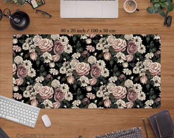 Cottagecore Desk Mat, Duża podkładka pod myszkę, ładna podkładka pod myszkę Pale Roses XL, gotycka wiedźma estetyka, gigantyczna podkładka na biurko, rozszerzona podkładka na biurko XXL