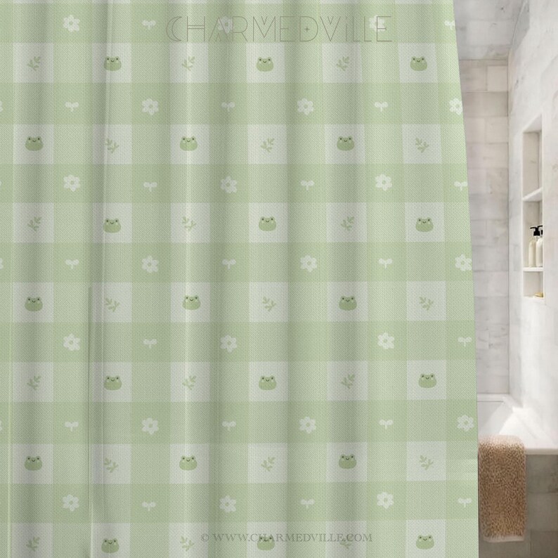Sage Green Kawaii Frog Gingham Bath Mat, Non Slip Absorbent, Quick Dry ...
