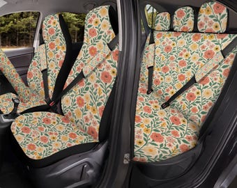 Cream Floral Car Seat Covers, Universal Front Rear Seat Protector For Auto Decor