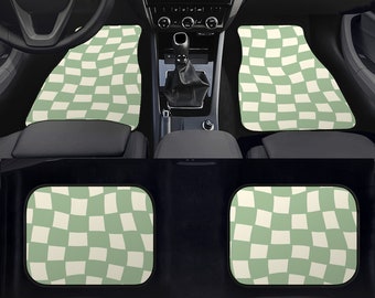 Green Car accessories, Floor mats, Full set for vehicle/head rest/seatbelt/steering wheel/car seats,beige checkered, decor accesories gift
