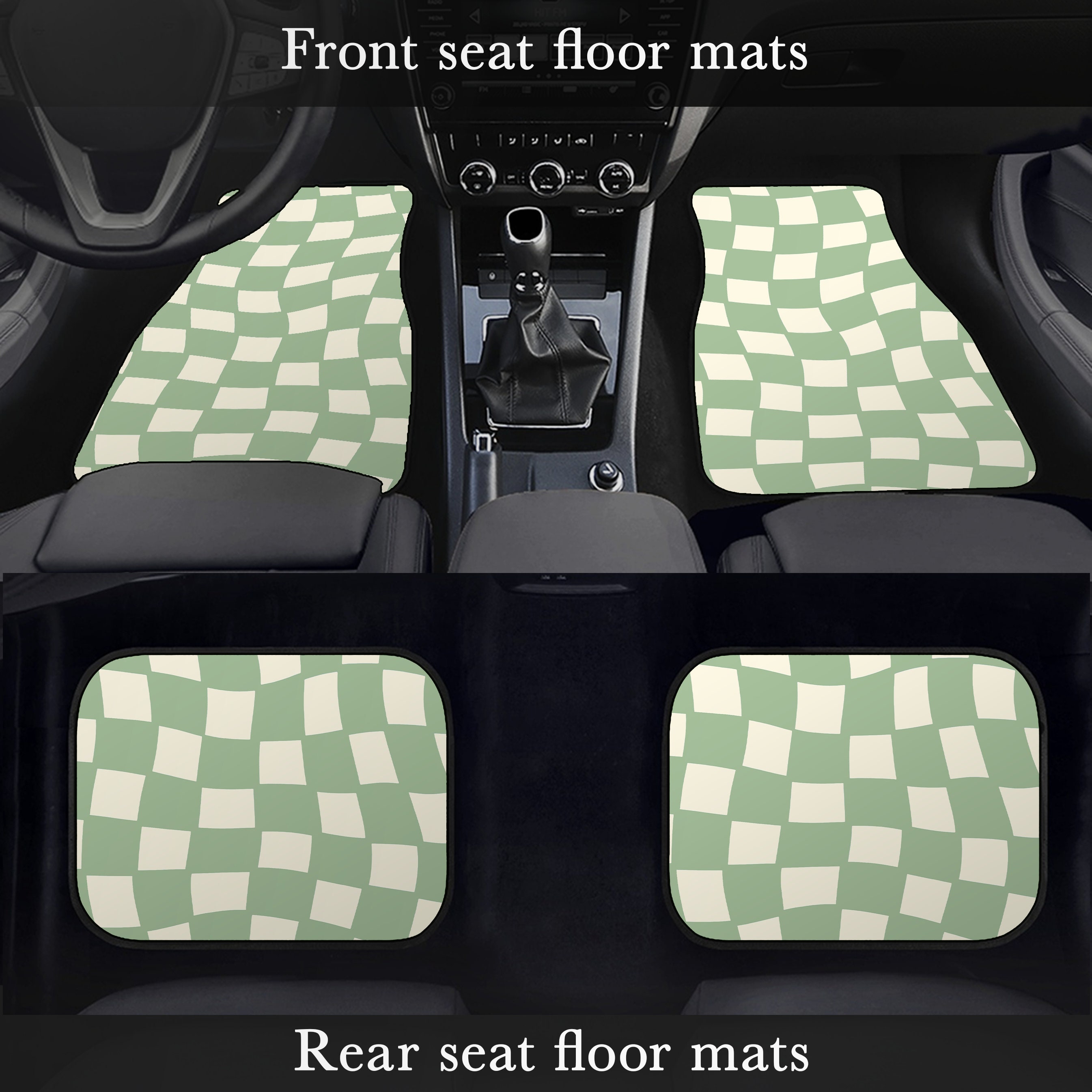 Green Car accessories, Floor mats, Full set for vehicle/head rest/seatbelt/steering wheel/car seats,beige checkered, decor accesories gift