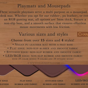 May include: Four different styles of mousepads are shown. The mousepads are made of vegan PU leather, rubber and fabric, and rubber and fabric with LED lights. The mousepads are available in various sizes and styles. The text on the image reads "Playmats and Mousepads" and "Choose from over 15 sizes and 4 styles!"