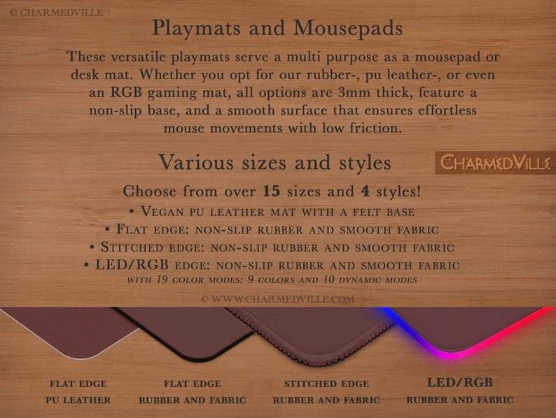 May include: Four different styles of mousepads are shown. The mousepads are made of vegan PU leather, rubber and fabric, and rubber and fabric with LED lights. The mousepads are available in various sizes and styles. The text on the image reads "Playmats and Mousepads" and "Choose from over 15 sizes and 4 styles!"