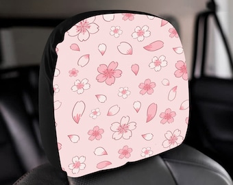 Pink Sakura Cherry Blossom Car Headrest Cover, Kawaii Anime Style