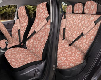 Pink Botanical Car Seat Covers, Floral Front And Rear Auto Seat Protector For Women