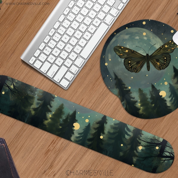 Cottagecore Ergonomic Mouse pad with wrist rest, Green academia desk mat, Moth mousepad xl, Goth keyboard hand support, XXL extended deskmat