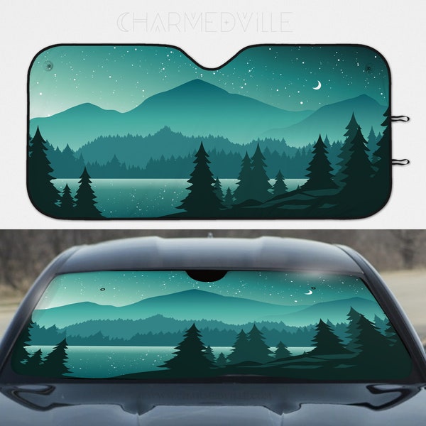 Nature Car Sunshade, Green sun shade for windshield, Car accesories, Forest Mountain window cover, vehicle car accessory decor gift for men