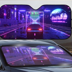 May include: A car windshield sunshade with a retro-futuristic design. The sunshade features a neon cityscape with a car driving through a tunnel of glowing lights. The sunshade is made of a durable material and is designed to protect your car's interior from the sun's harmful rays.