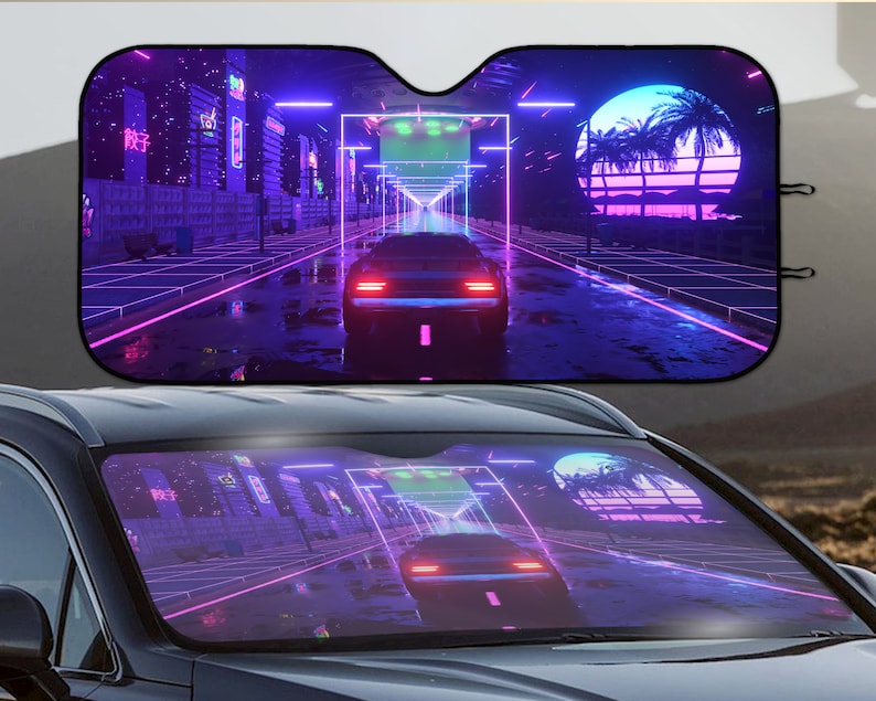 Vaporwave Car Sunshade, Anime Sun Shade, Windshield Cover, Purple ...