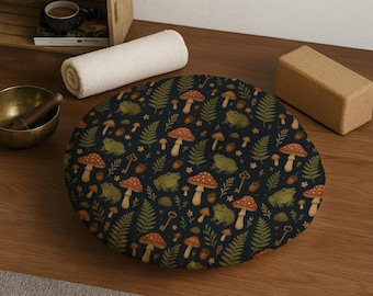 Wald Frosch Pilz Zafu Kissen, Wald Cottagecore Bodenkissen, Runder Meditationssitz, Zen Lounge Dekor