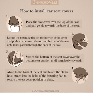 May include: Illustrated guide with four steps on how to install car seat covers. The steps are numbered 1 through 4 and each step includes an illustration of a person installing the seat cover.