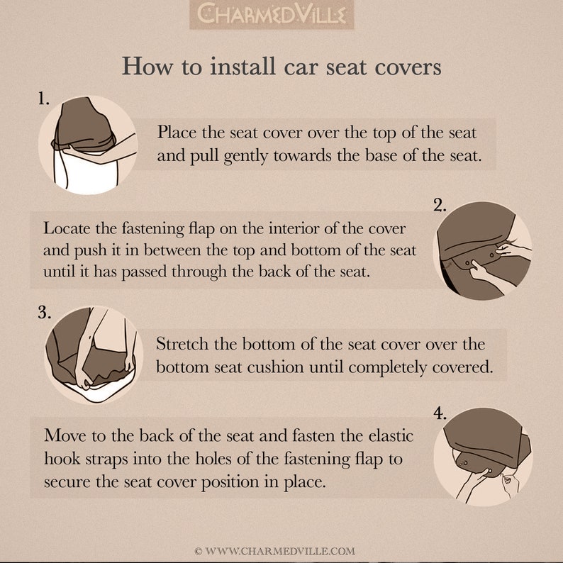 May include: Illustrated guide with four steps on how to install car seat covers. The steps are numbered 1 through 4 and each step includes an illustration of a person installing the seat cover.