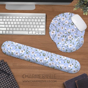 Cute Blue Mouse Pad, Ergonomic Keyboard Wrist Rest, Floral desk mat decor accessory, Retro boho aesthetic, flower mousepad, Gift for women