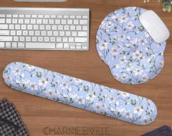 Simpatico tappetino per mouse blu, poggiapolsi per tastiera ergonomica, accessorio decorativo per tappetino da scrivania floreale, estetica boho retrò, tappetino per mouse floreale, regalo per le donne