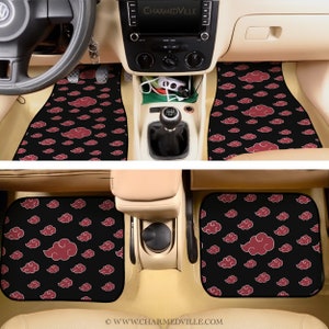 May include: Black car floor mats with a red cloud pattern. The mats are made of a durable material and are easy to clean.  &copy; WWW.CHARMEDVILLE.COM