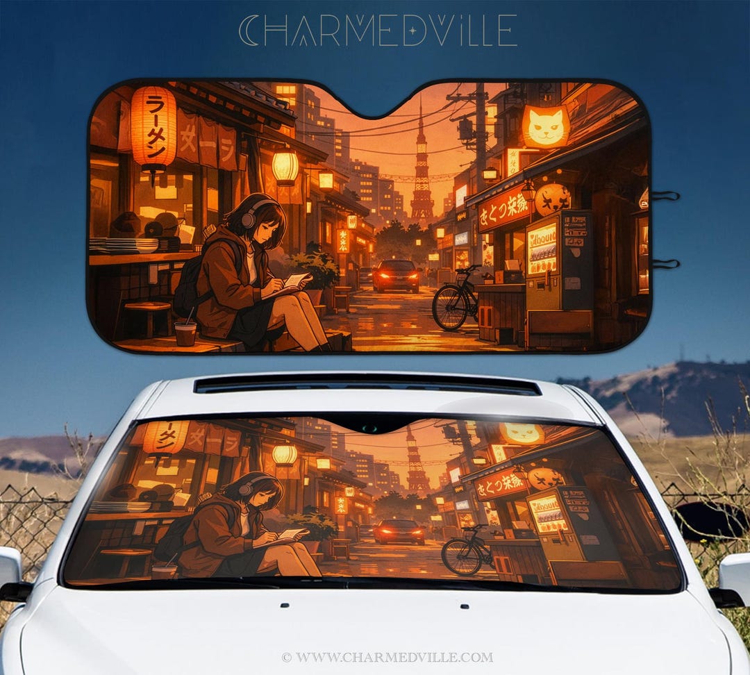 Foldable Windshield Shade, UV Protection Screen, Japanese Neon City ...