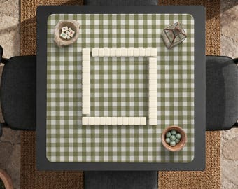 Olive Plaid Mahjong Table Mat, Cottagecore Scalloped Play Mat, 4 Player Boardgame Pad, Green Country Club Patio Host Gift