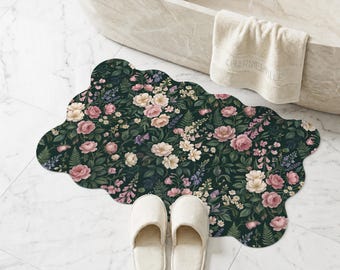 Tapis de bain floral foncé, tapis de salle de bain botanique vintage, tapis de bain antidérapant, tapis de bain rose lavable, grand tapis de sol de salle de bain rose cottage