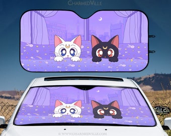 Anime Sunshade for cars, Cute cats windshield shade, refelective sun protector, Pastel pink/purple moon aesthetic, Kawaii window visor cover