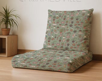 Sage Botanical Floor Seating Pillow, Cozy Reading Nook Cushion, Japanese Floor Cushion, Cute Cat Plant Lounge Seat For Yoga Room Decor
