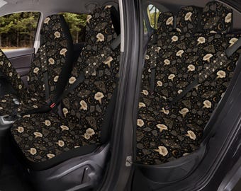 Black Celestial Car Seat Covers, front and rear, Gothic Floral Universal Auto Seat Protector Decor